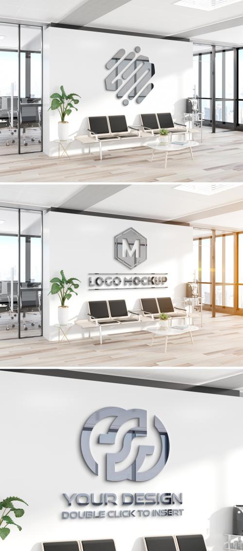 Reflective Metal Logo on Office Wall Mockup - 385081333