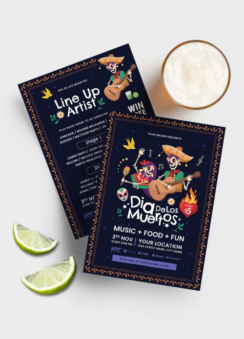 Día De Los Muertos Party Flyer Layout with Mexican Calacas Elements - 386453246