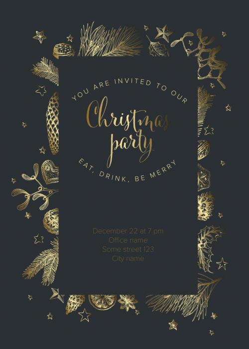 Golden Christmas Party Invitation Layout with Hand Drawn Season Decorations - 387436925