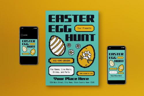 Cyan Black Y2K Pixellate Easter Egg Hunt Flyer Set