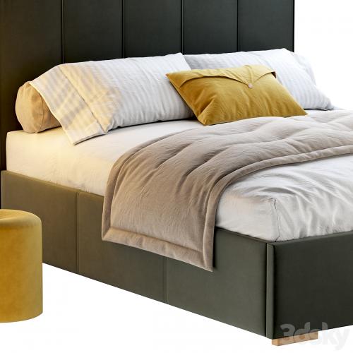 Bed Sharon 160 Velvet Milk / olive / yellow / gray with pouffe Kofi Divanru