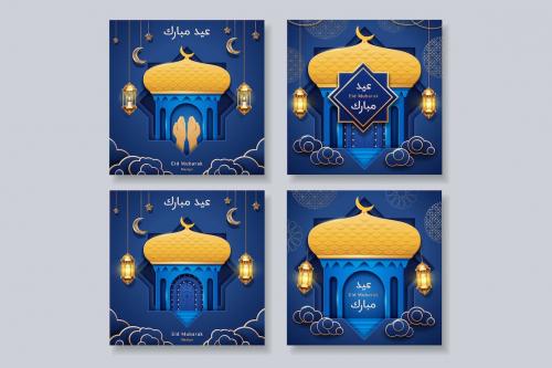 Set of posters with islam mosque and lanterns