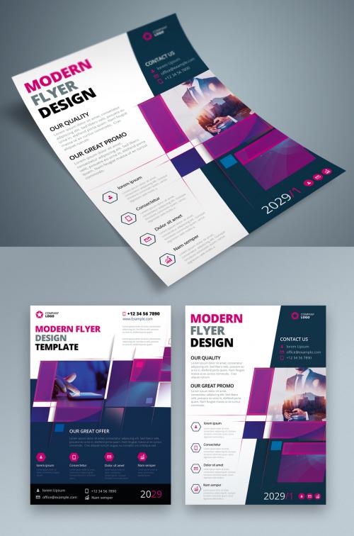 Flyer Layout with Violet Layered Rectangle Shapes - 387465184