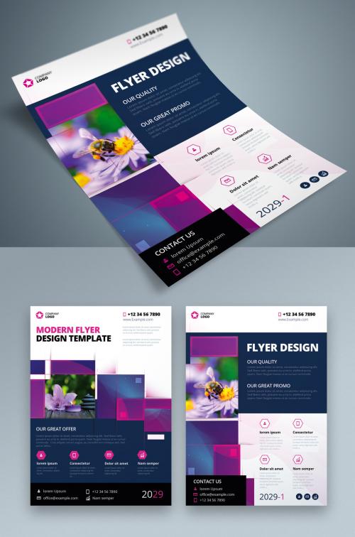 Flyer Layout with Violet Geometric Accents - 387465199