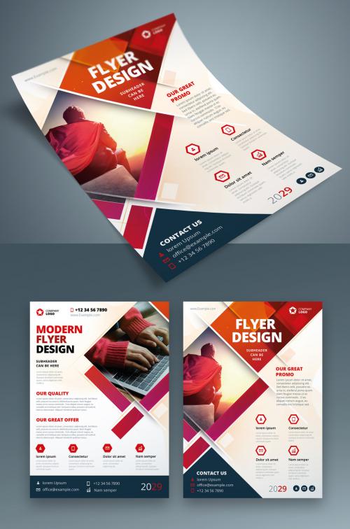 Flyer Layout with Red Layered Rectangle Shapes - 387465204