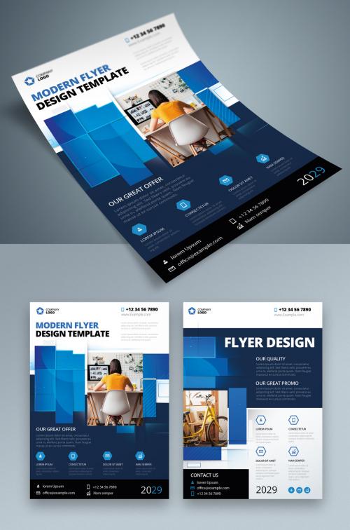 Flyer Layout with Blue Layered Rectangle Shapes - 387465267