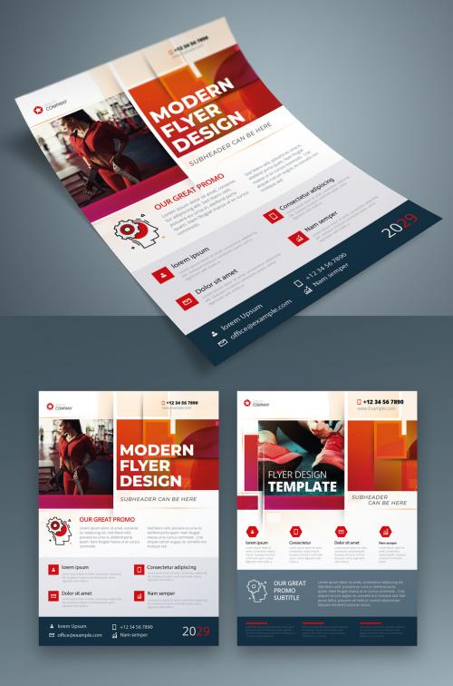 Corporate Flyer Layout with Dynamic Elements and Red Accents - 387465311