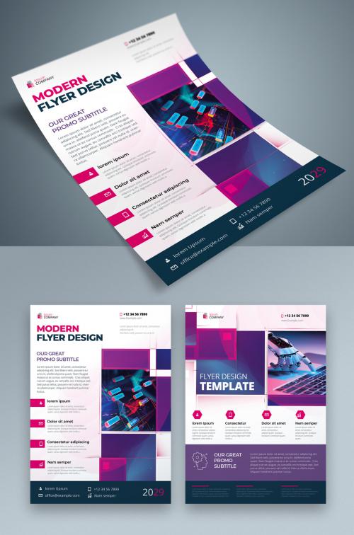 Corporate Flyer Layout with Dynamic Elements and Purple Accents - 387465332