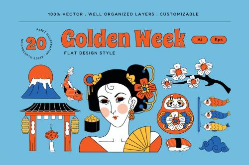 Blue Flat Design Golden Week Illustration Set