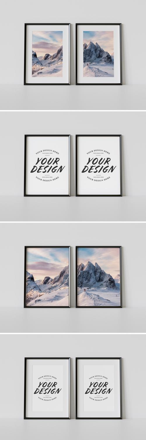 Two Black Frames Leaning on White Wall Mockup - 388064286