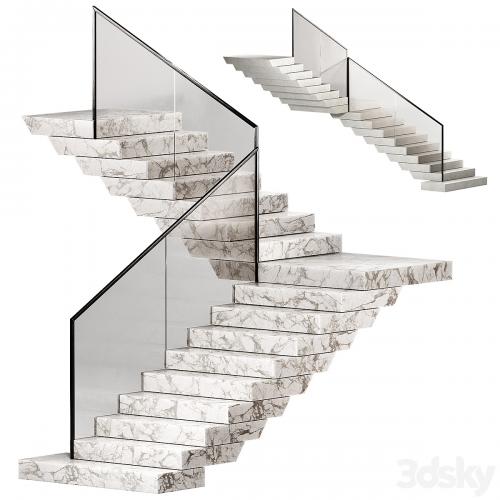 Stairs 3. Stone steps. Metal glass railings. 2 color options - marble and concrete.