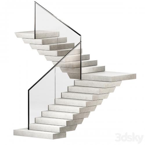 Stairs 3. Stone steps. Metal glass railings. 2 color options - marble and concrete.