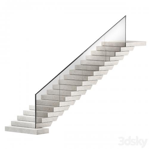 Stairs 3. Stone steps. Metal glass railings. 2 color options - marble and concrete.