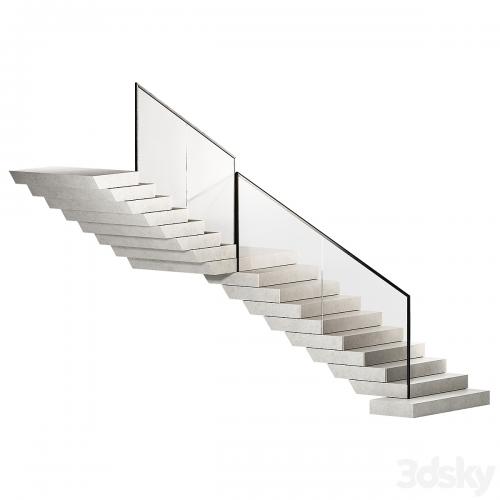 Stairs 3. Stone steps. Metal glass railings. 2 color options - marble and concrete.