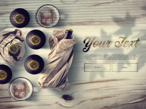 Beer Cap on Wooden Table Mockup with Tree Shadows Background - 388585816