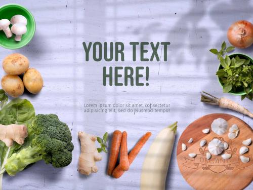 Fresh Vegetables and Spices on Kitchen Table with Shadows Mockup - 388588045