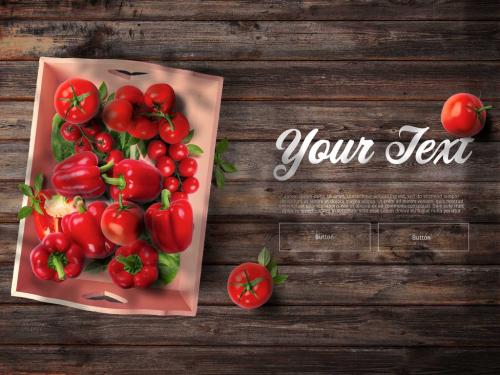 Red Organic Vegetables in Vintage Container Mockup with Dark Background - 388591549