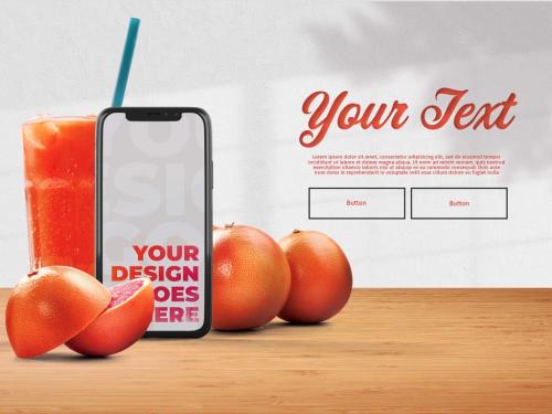 Modern Smartphone and Grapefruit Juice on Wooden Table Mockup - 388592049