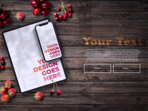 Smartphone and Tablet Surrounded with Red Fruits Mockup - 388592104