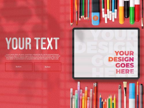 Top View Mockup of Tablet and Drawing Pencils on Vivid Background - 388593187