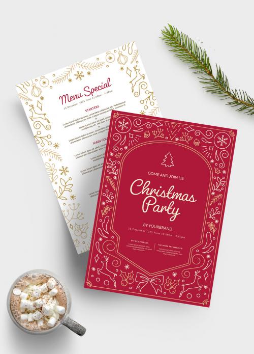 Festive Christmas Menu Flyer Layout with Ornate Illustrations - 388798014