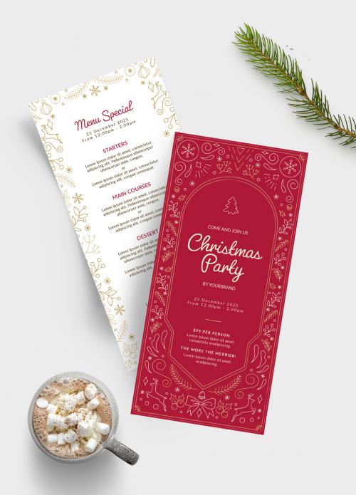 Thin Christmas Menu Card Layout with Festive Illustrations - 388798070