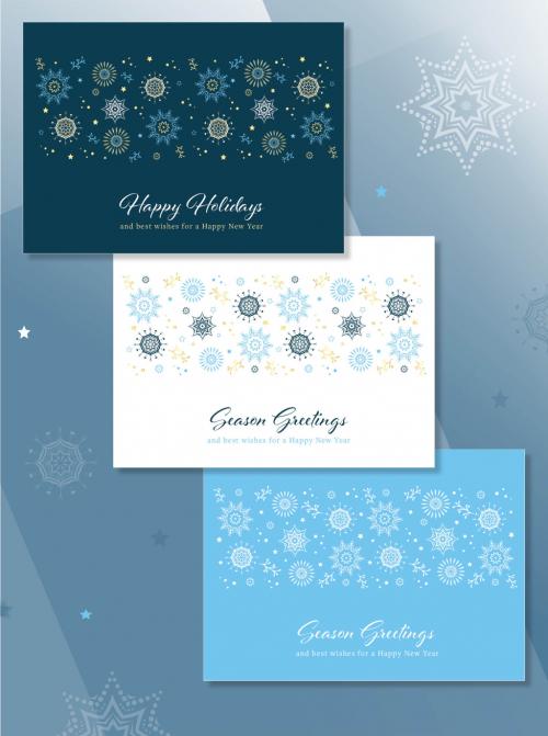 Blue and Gold Christmas Card Layout Set with Snowflake Illustrations - 389707713