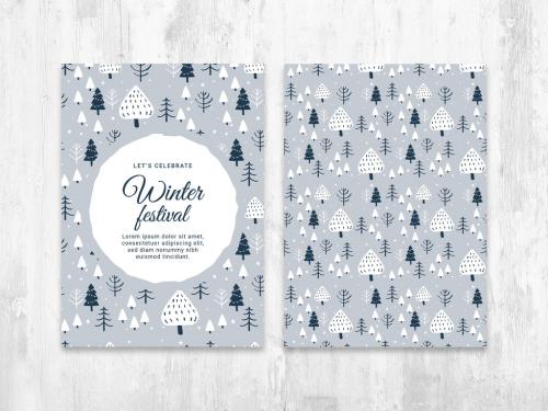 Chic Winter Christmas Card Flyer Layout with Modern Tree Pattern - 389722234