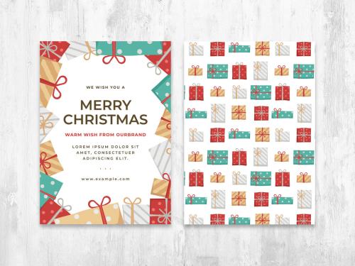 Christmas Card Flyer Invite Layout with Xmas Gift Illustrations - 389722247