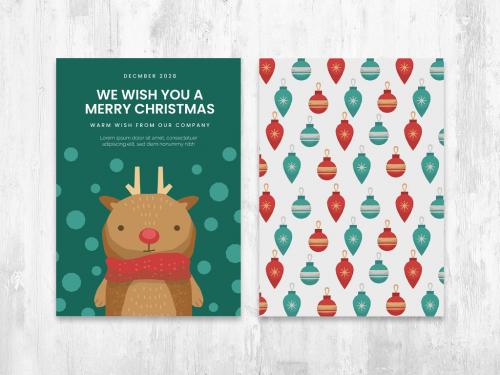 Christmas Card Flyer Layout with Cute Reindeer Character - 389722253