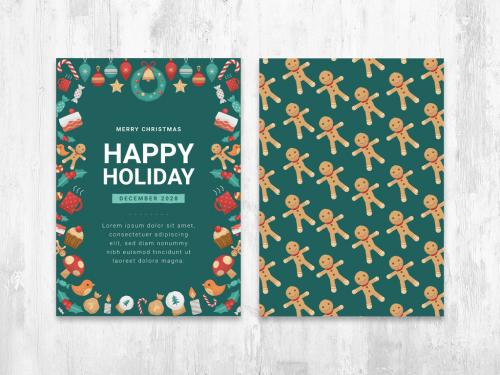 Christmas Card Flyer Invite Layout with Festive Illustrations - 389722405