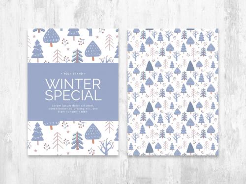 Snowy Winter Card Invite Layout with Scandinavian Christmas Tree Pattern - 389722423