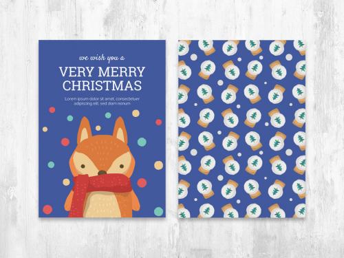 Simple Christmas Card Flyer Layout with Cute Fox Character - 389722426