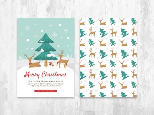 Christmas Greetings Card Layout with Tree Reindeer Elements - 390453236