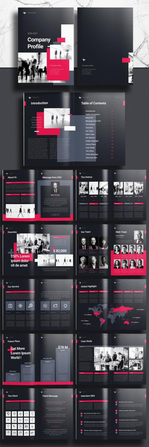 Company Profile Booklet Layout with Black and Pink Accents - 391311748