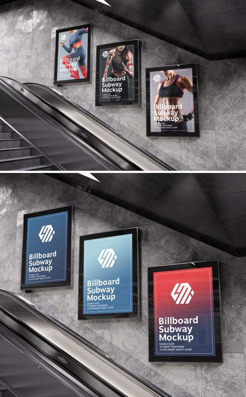 3 Billboards on Subway Wall Escalator Mockup - 391329498