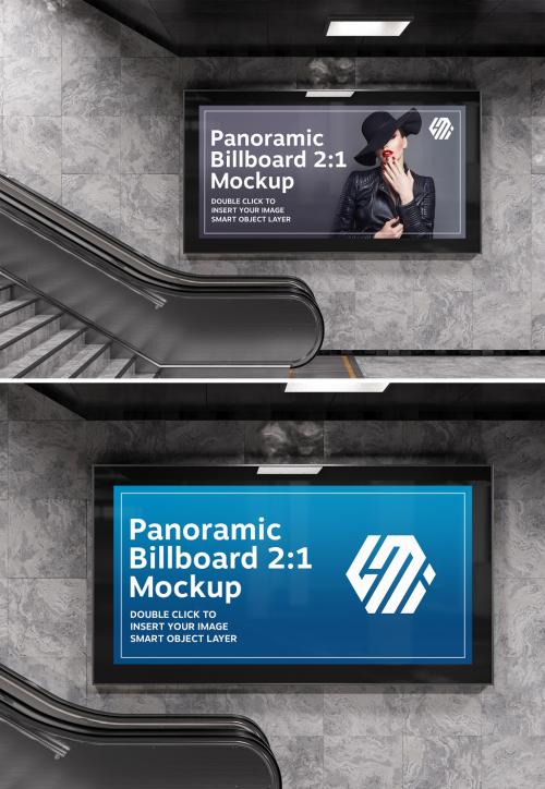 Panoramic Billboard on Subway Escalator Wall Mockup - 391332835