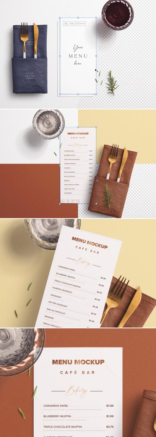 Table Thin Menu with Cutleries, Napkin, Drink, and Herbs - 391586328