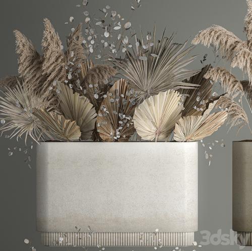 Collection of plant bouquets of dried flowers, moonflower, dry palm branches, dry grass, natural decor .1121.