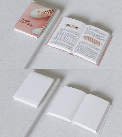 Top View of Open and Closed Book on Concrete Mockup  - 392325240