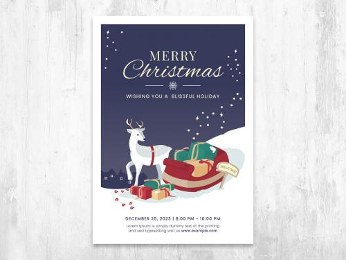 Christmas Card Flyer with Reindeer and Sleigh - 392337617