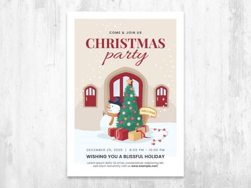 Christmas Card Flyer with Festive Scene of Snowman, Tree and Gifts - 392337630