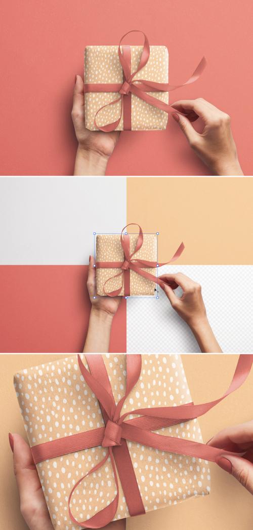 Mockup of Hands Holding Gift Box with Ribbon - 393160236