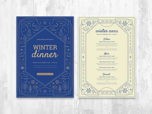 Ornate Winter Menu Flyer Layout with Seasonal Illustrations - 393168048