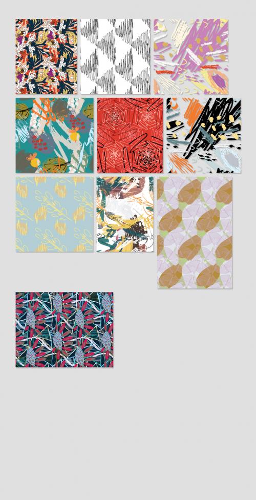 Seamless Pattern Collection with Hand Drawn Rough Abstract Strokes and Floral Elements - 394751759