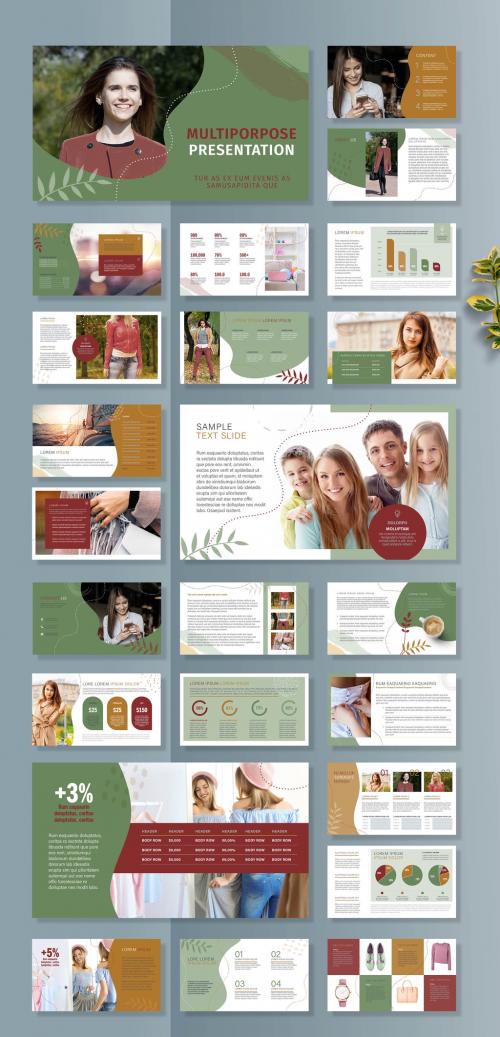 Business Presentation Layout with Green and Maroon Accents - 395066348