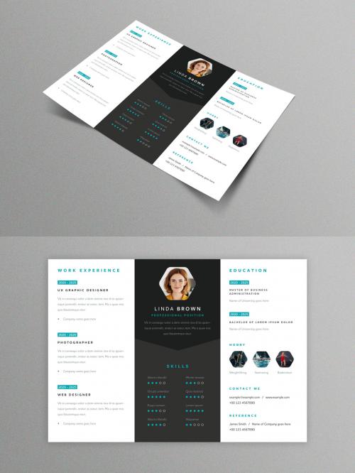 Horizontal Resume Layout with Black and Teal Accents - 395125353