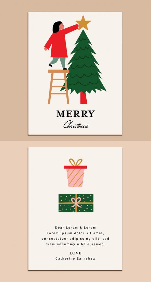 Merry Christmas Tree Greeting Card Layout  - 395354088