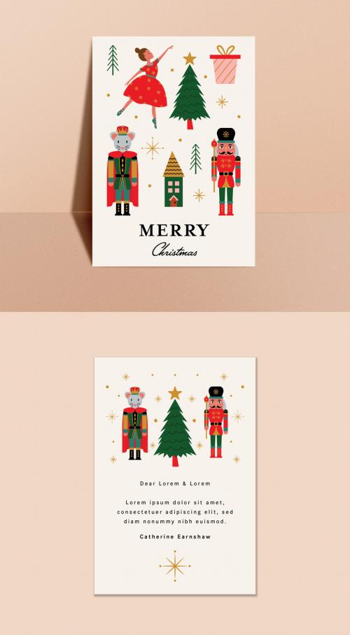 Merry Christmas Greeting Card Layout with Nutcracker, Ballerina and Mouse King  - 395354108