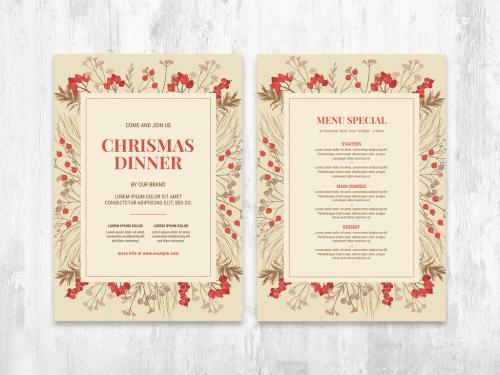 Christmas Menu Layout with Rustic Foliage and Red Berries - 395376099